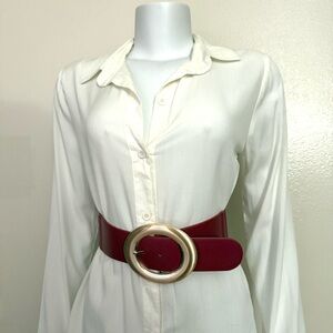 Burgundy PU leather elastic waistband belt with gold tone oval buckle